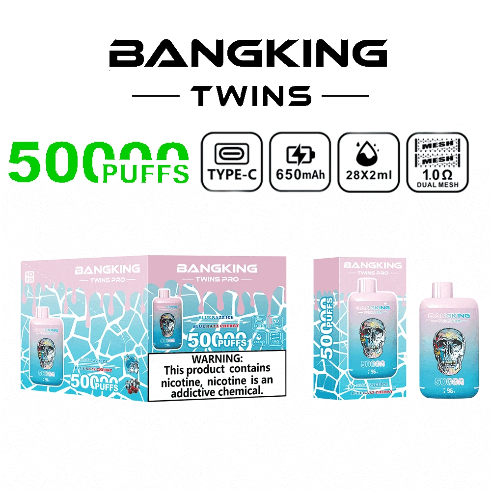 Bang King Twins Pro 50K Puffs Blue Razz Ice and Blue Razz Cherry dual-flavor device with colorful fruit artwork