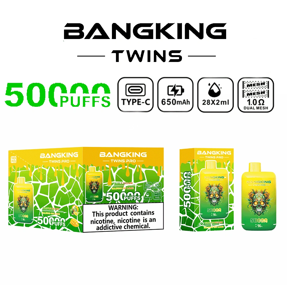 Bang King Twins Pro 50K Puffs Triple Melon and Mango on Lime dual-flavor device with colorful fruit graphics