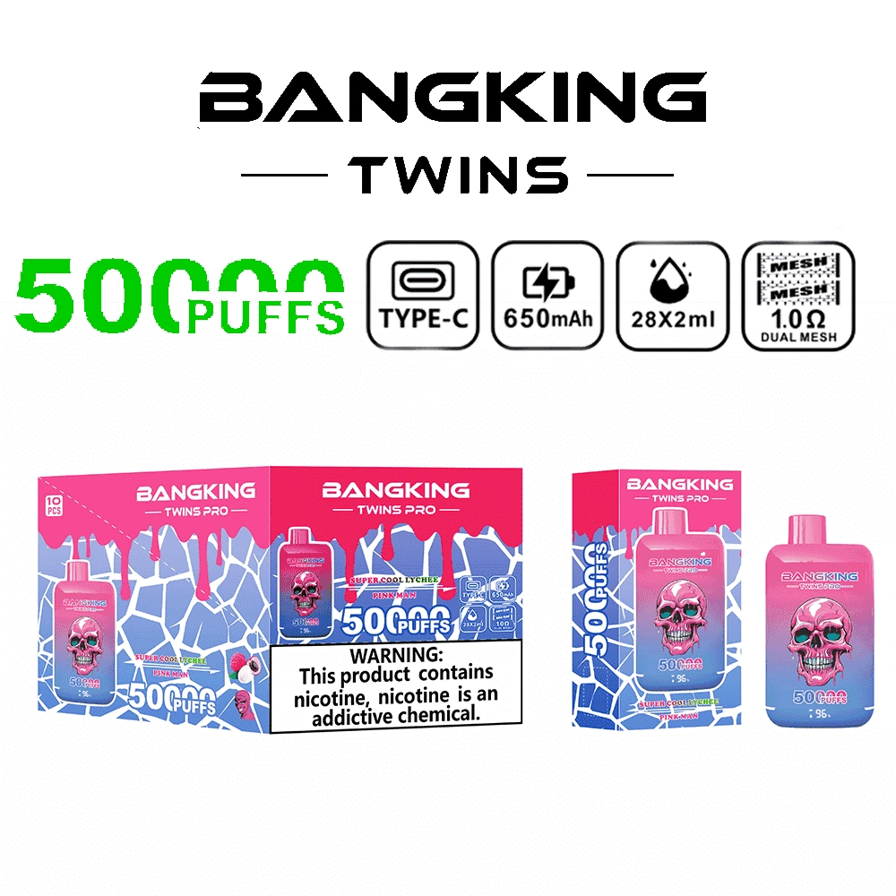 Bang King Twins Pro 50K Puffs Super Cool Lychee and Pink Man dual-flavor device with colorful fruit graphics