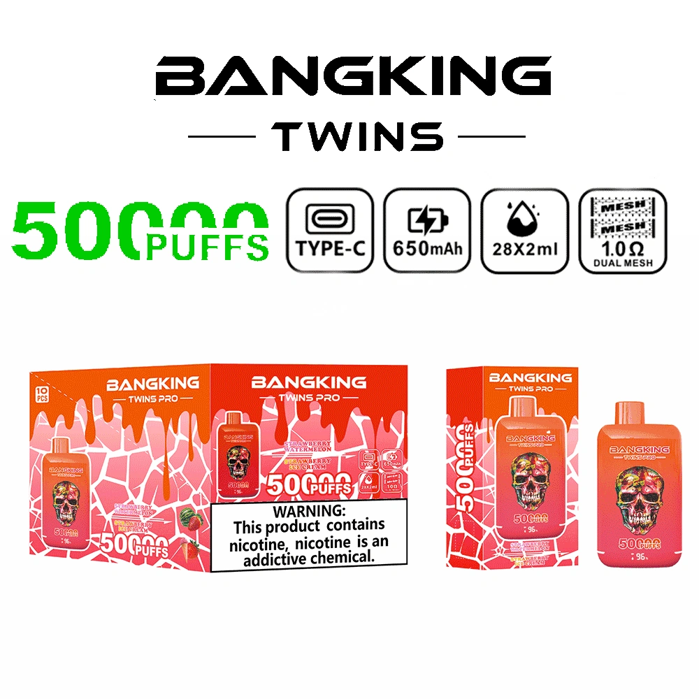 Bang King Twins Pro 50K Puffs Strawberry Watermelon and Strawberry Ice Cream dual-flavor device with fruit artwork
