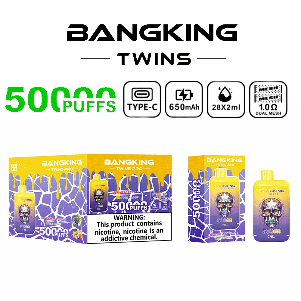 Bang King Twins Pro 50K Puffs Strawberry Grape Apple Peach flavor device with colorful fruit graphics and product branding