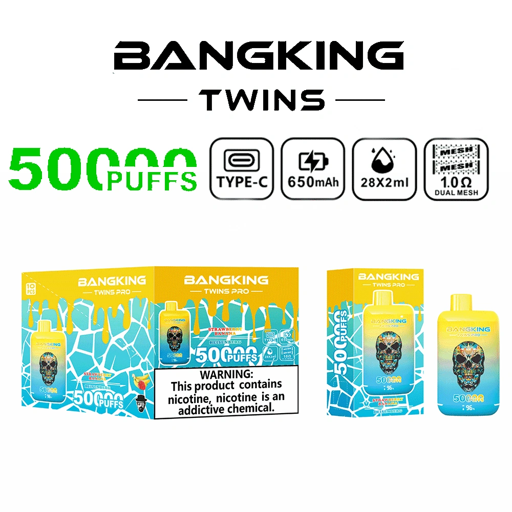 Bang King Twins Pro 50K Puffs Strawberry Banana and Heisenberg dual-flavor device with colorful product graphics