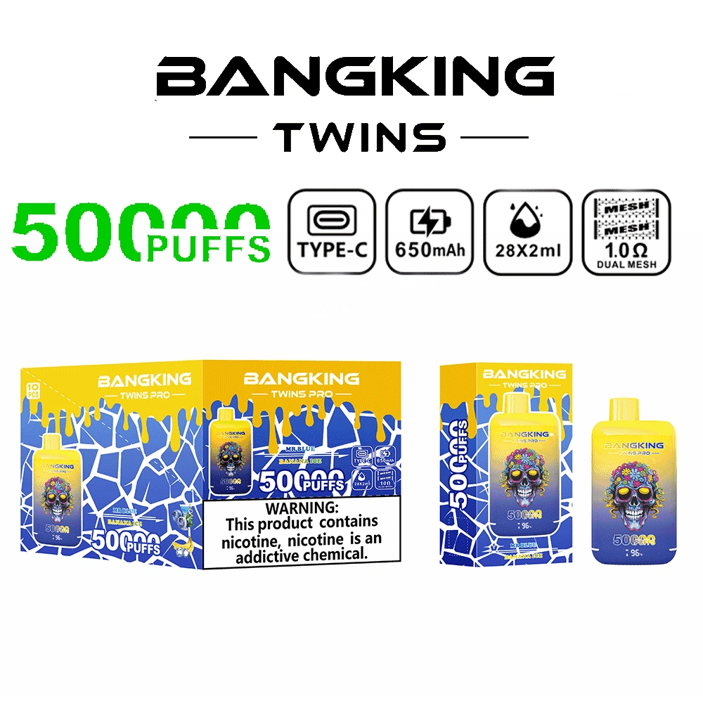 Bang King Twins Pro 50K Puffs Mr Blue and Banana Ice dual-flavor device with colorful product graphics