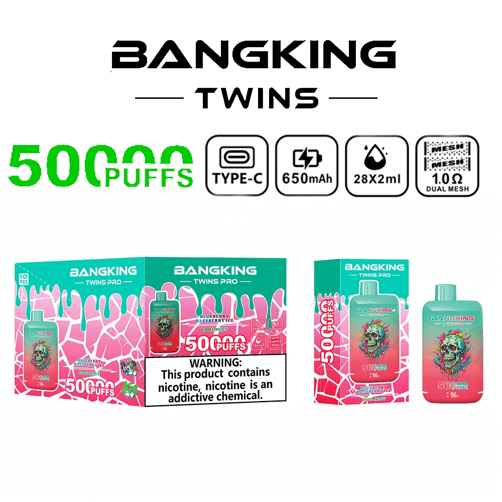 Bang King Twins Pro 50K Puffs Kiwi Watermelon Ice and Strawberry Ice dual-flavor device with colorful fruit graphics