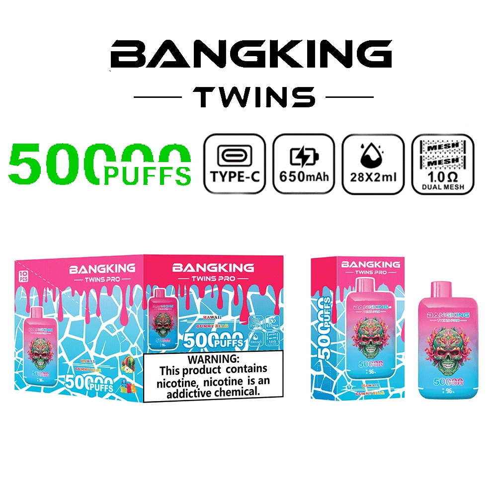 Bang King Twins Pro 50K Puffs Hawaii Gummy Bear flavor device with colorful candy-inspired graphics and branding