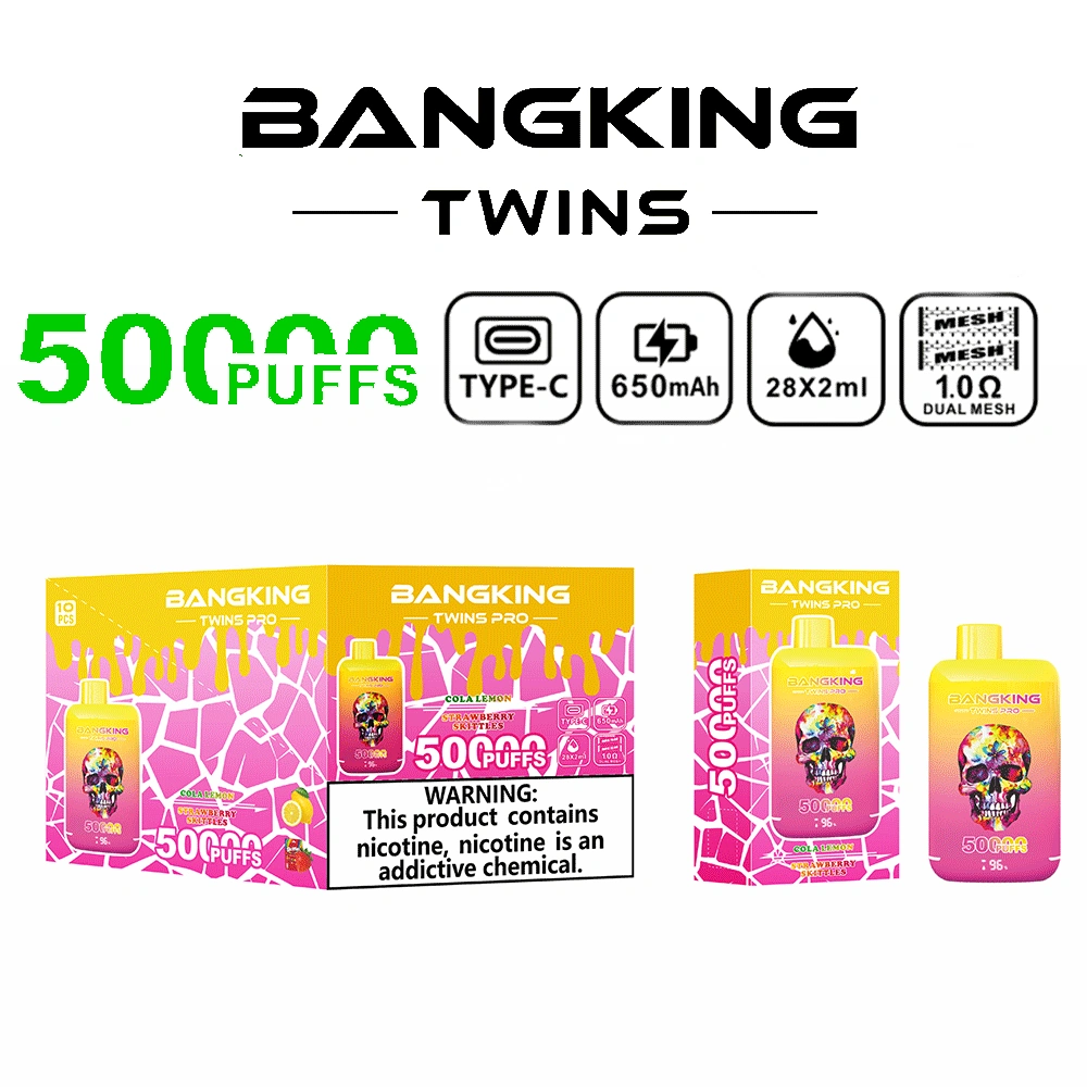Bang King Twins Pro 50K Puffs Cola Lemon Strawberry Skittles flavor device with colorful fruit graphics and branding