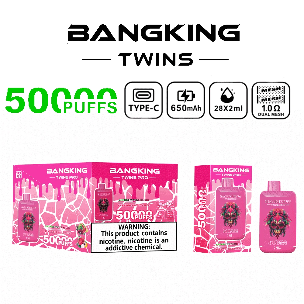 Bang King Twins Pro 50K Puffs Cherry Watermelon Strawberry Lychee flavor device with colorful fruit artwork and branding