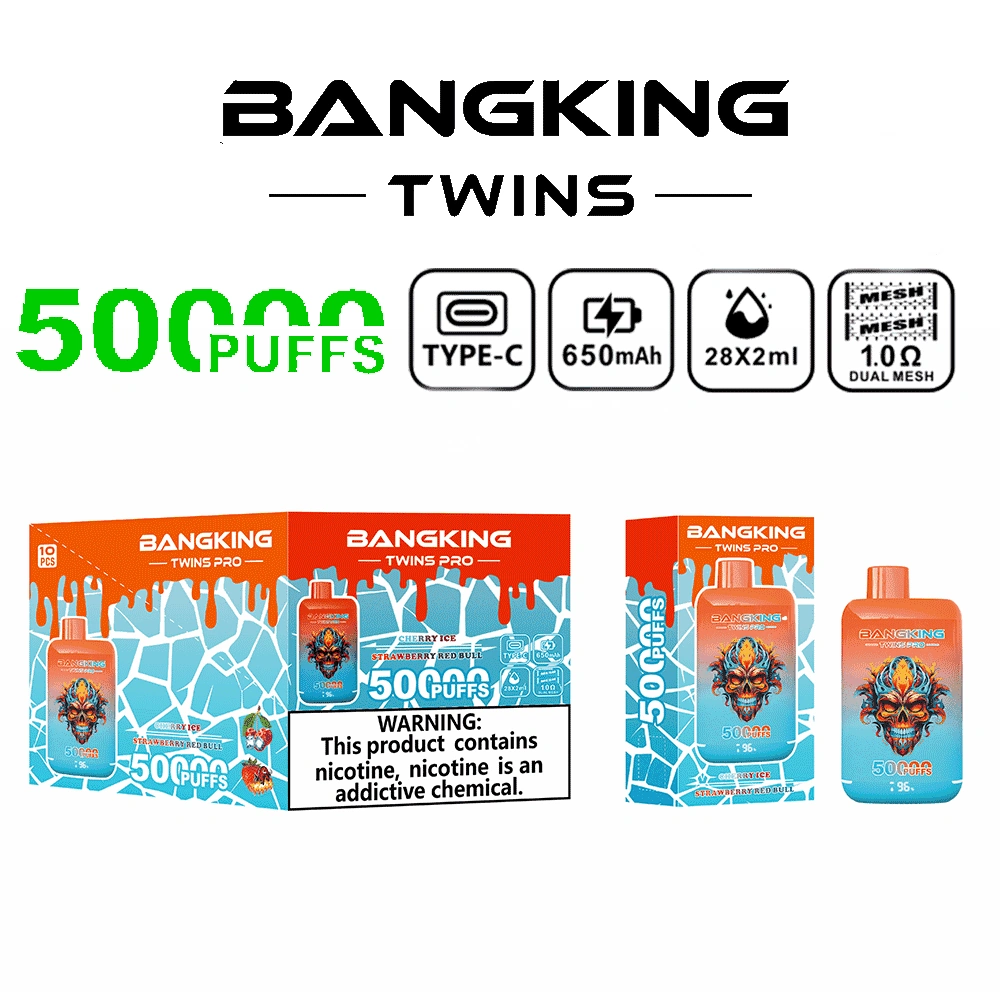 Bang King Twins Pro 50K Puffs Cherry Ice Strawberry Red Bull dual-flavor device with colorful product graphics