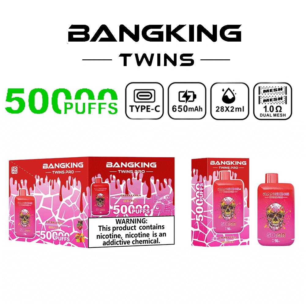Bang King Twins Pro 50K Puffs Cherry Cola Skittles flavor device with colorful candy graphics and product branding
