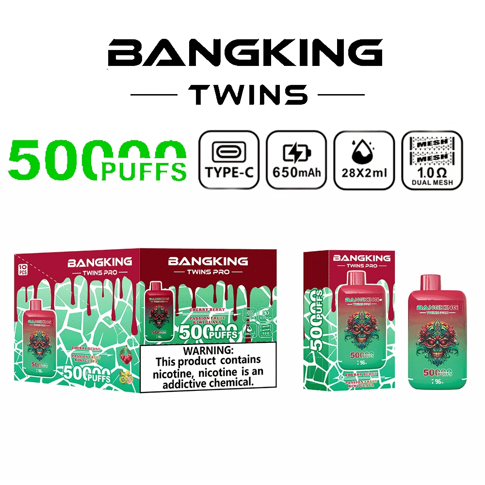 Bang King Twins Pro 50K Puffs Cherry Berry Passion Fruit Kiwi Guava flavor device with colorful fruit graphics