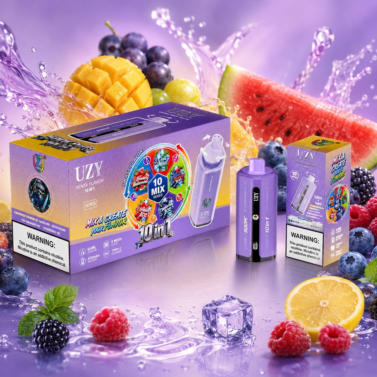 UZY 10-in-1 500K Puffs Vape in purple packaging with mango, watermelon, grapes, blueberries, lemon, mixed berries and ice.