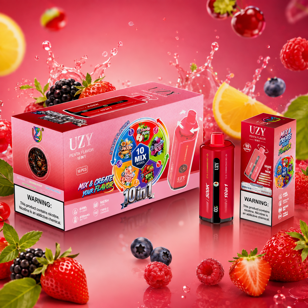 UZY 10-in-1 500K Puffs Vape with red packaging and device, surrounded by strawberries, blackberries, raspberries, lemon and water splashes.