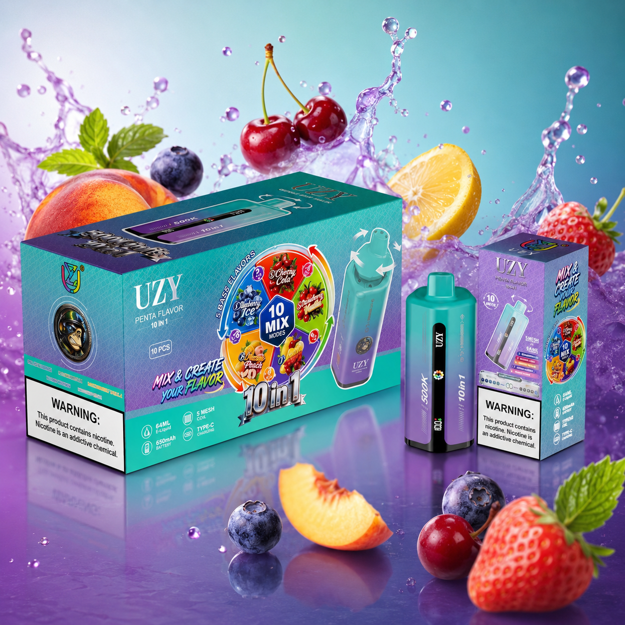 UZY 10-in-1 500K Puffs Vape with teal-purple packaging, cherries, lemon, peach, strawberries, blueberries and purple water splashes.