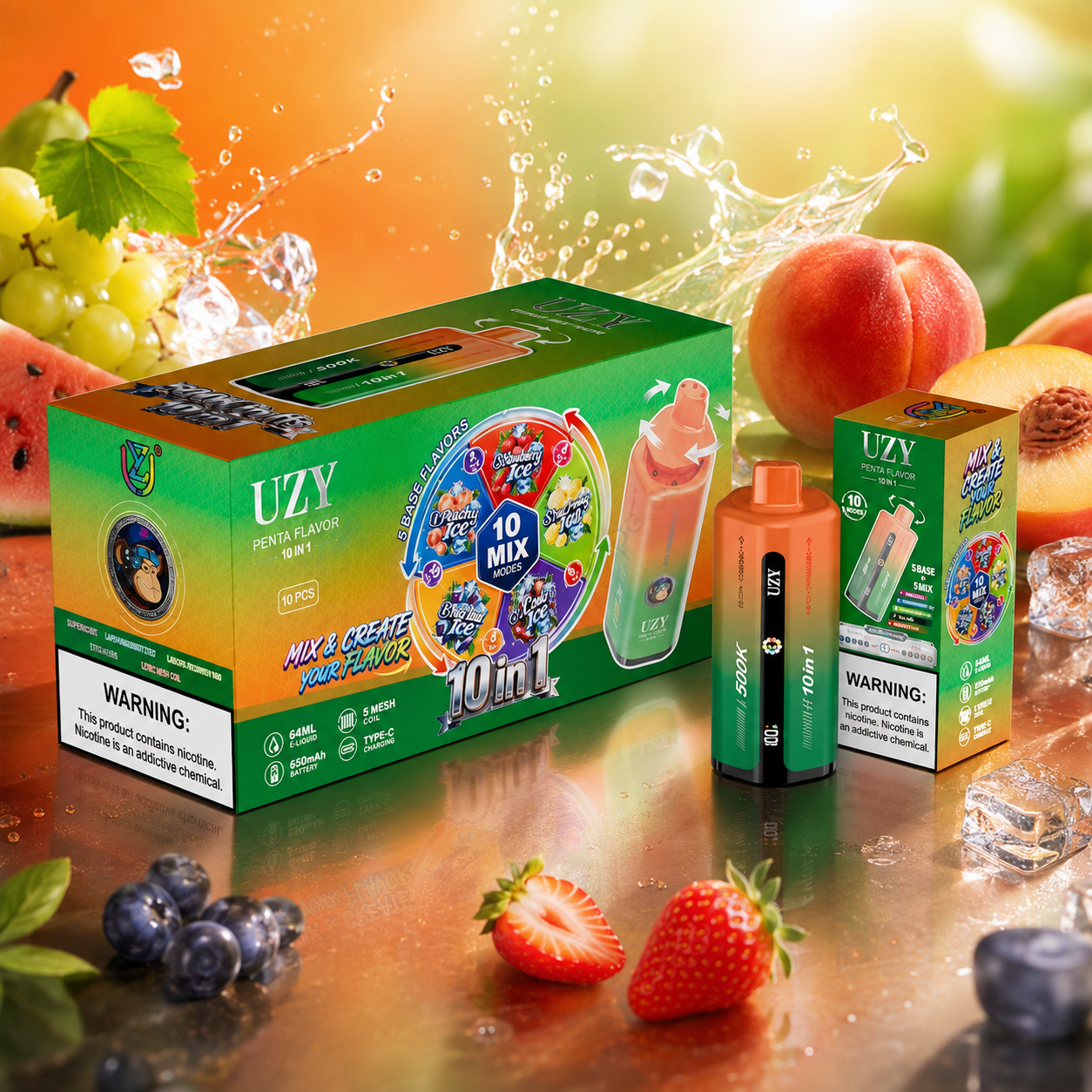 UZY 10-in-1 500K Puffs Vape with green-orange packaging beside grapes, peach, watermelon, strawberries, blueberries and ice.