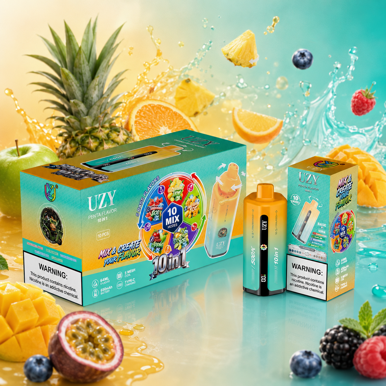 UZY 10-in-1 500K Puffs Vape in teal-orange packaging with pineapple, apple, mango, citrus, passion fruit, berries and water splashes.