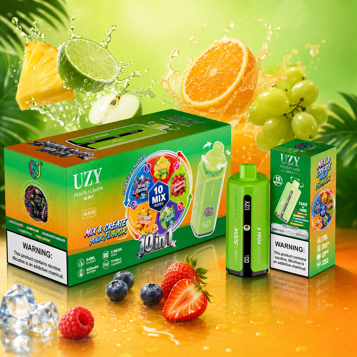 UZY 10-in-1 500K Puffs Vape with green-orange packaging, lime, orange, apple, grapes, strawberries, berries and tropical foliage.
