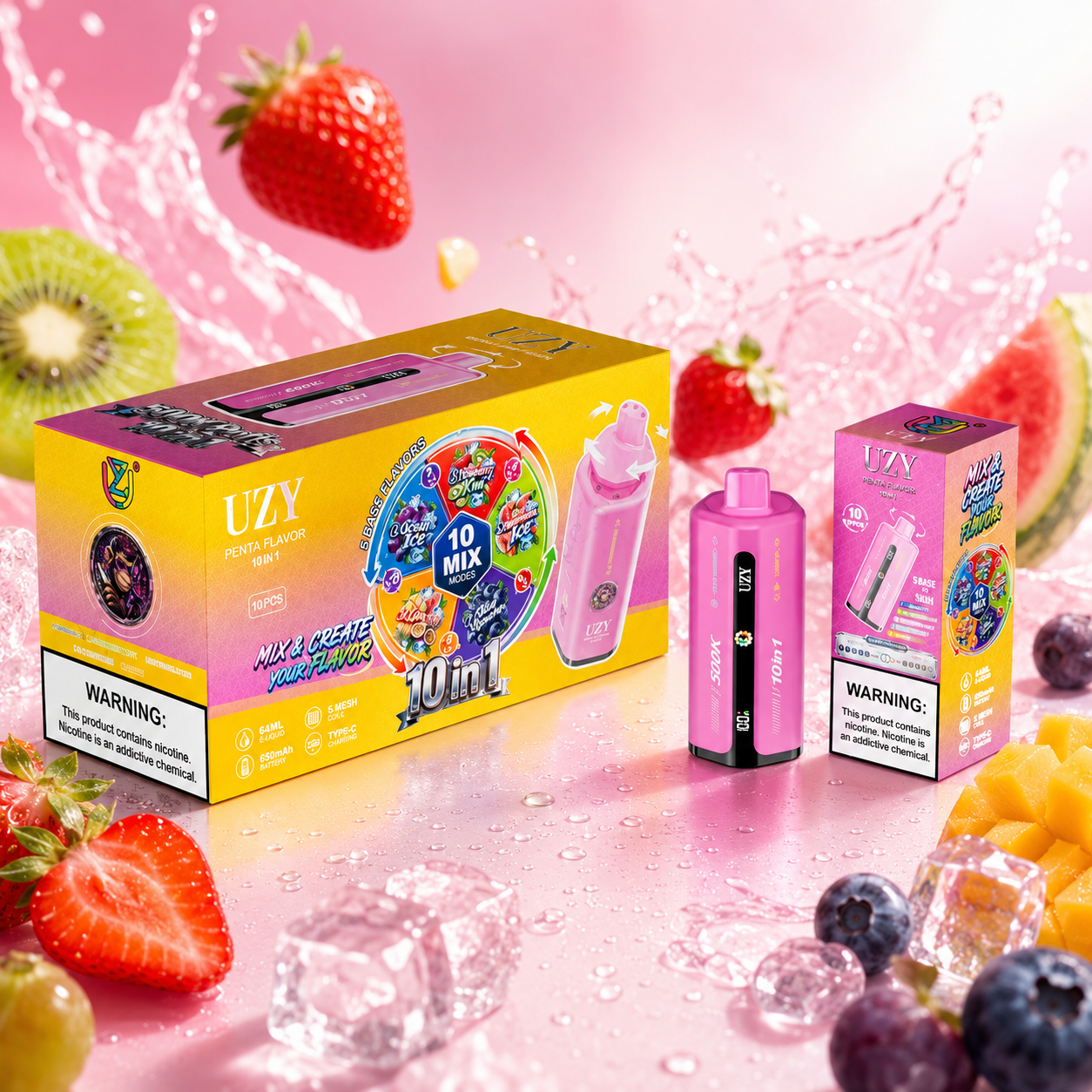 UZY 10-in-1 500K Puffs Vape in pink-yellow packaging with strawberries, kiwi, watermelon, mango, blueberries, grapes and ice.