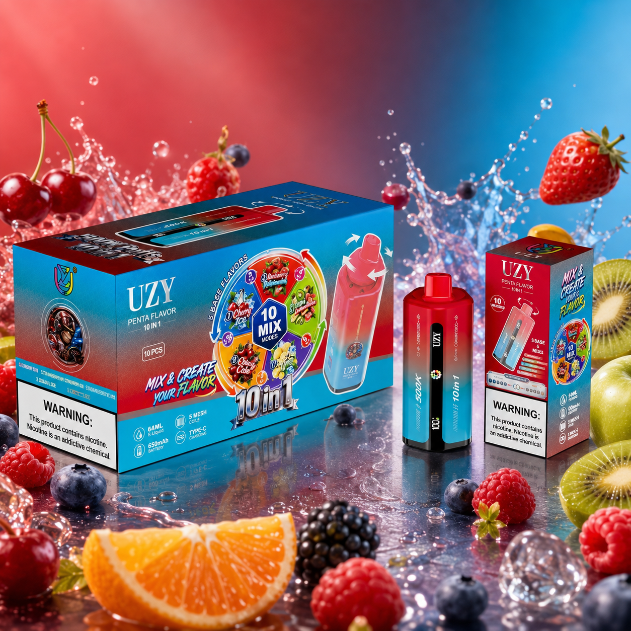 UZY 10-in-1 500K Puffs Vape in blue-red packaging with cherries, strawberries, kiwi, citrus, berries and bright water splashes.