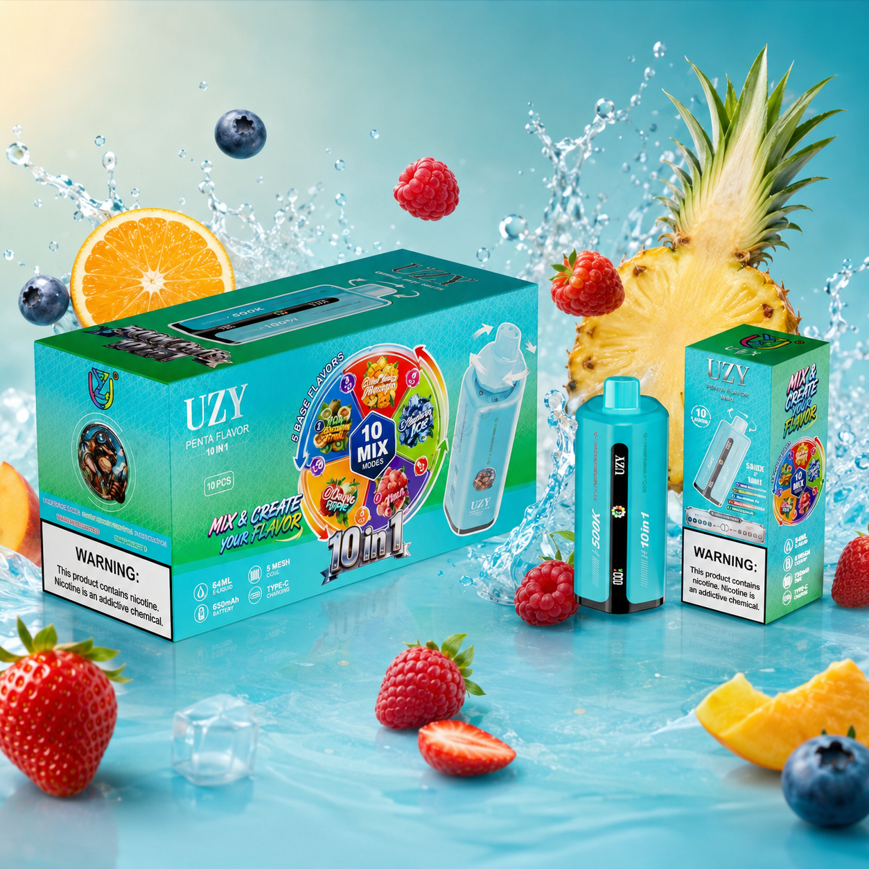 UZY 10-in-1 500K Puffs Vape with turquoise packaging and device, surrounded by pineapple, orange, strawberries, berries and ice.
