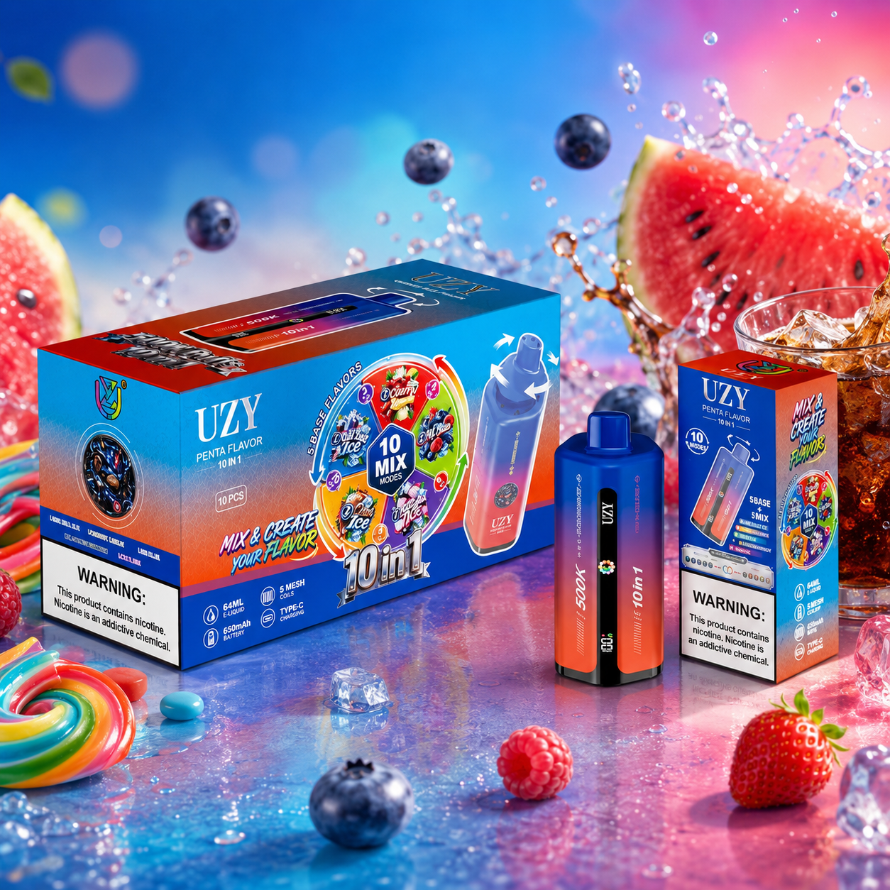 UZY 10-in-1 500K Puffs Vape in blue-red packaging with watermelon, blueberries, strawberries, colorful candy, cola and ice.