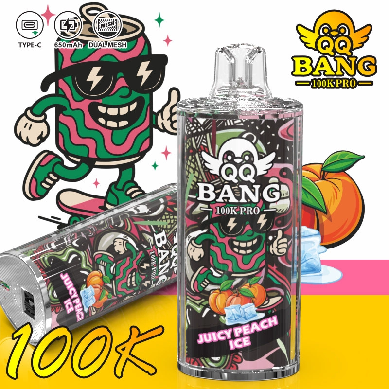 QQ Bang 100K Pro Puffs Disposable Vape device and package design arranged together in a detailed product presentation for online stores.