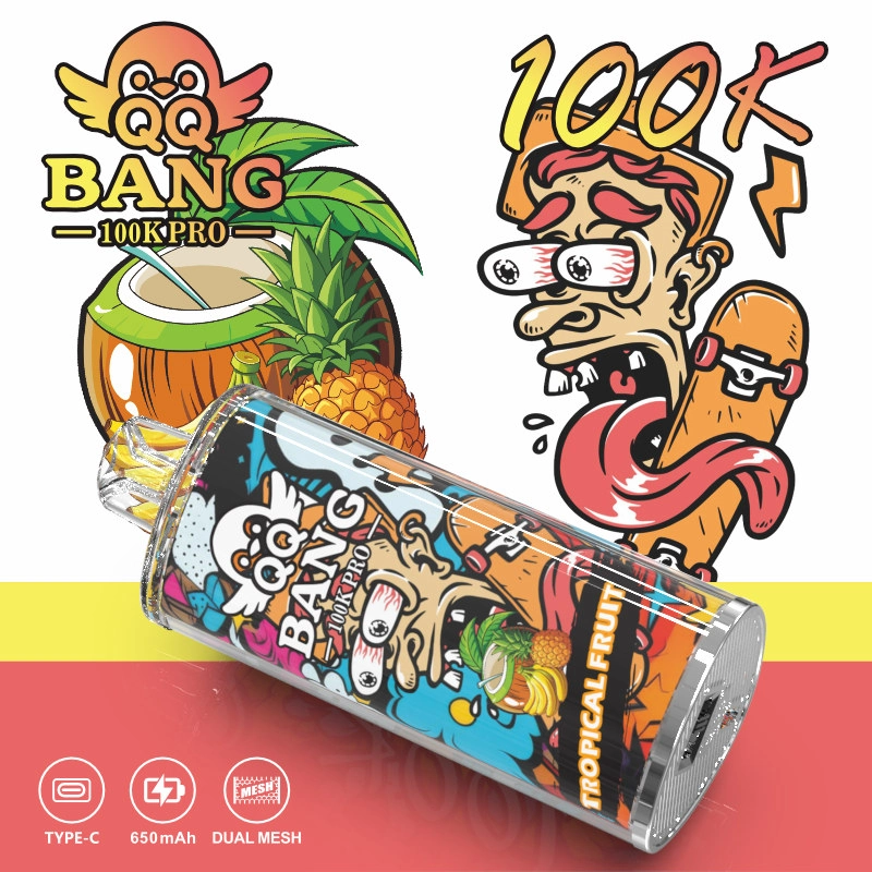 QQ Bang 100K Pro Puffs Disposable Vape device lineup arranged in a bright product display with several branded color presentations.