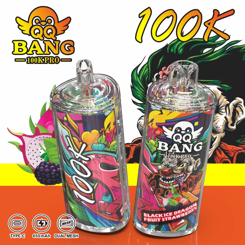 QQ Bang 100K Pro Puffs Disposable Vape retail presentation with colorful device artwork and clear model branding from the supplier gallery.