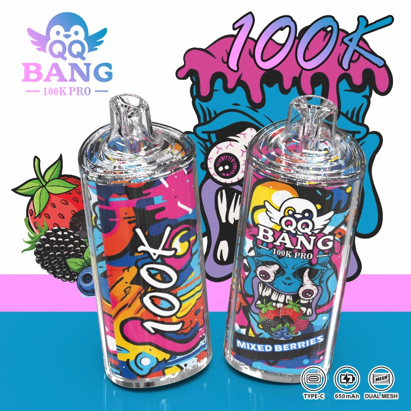 QQ Bang 100K Pro Puffs Disposable Vape device presentation with colorful package graphics and a clean composition for ecommerce product pages.