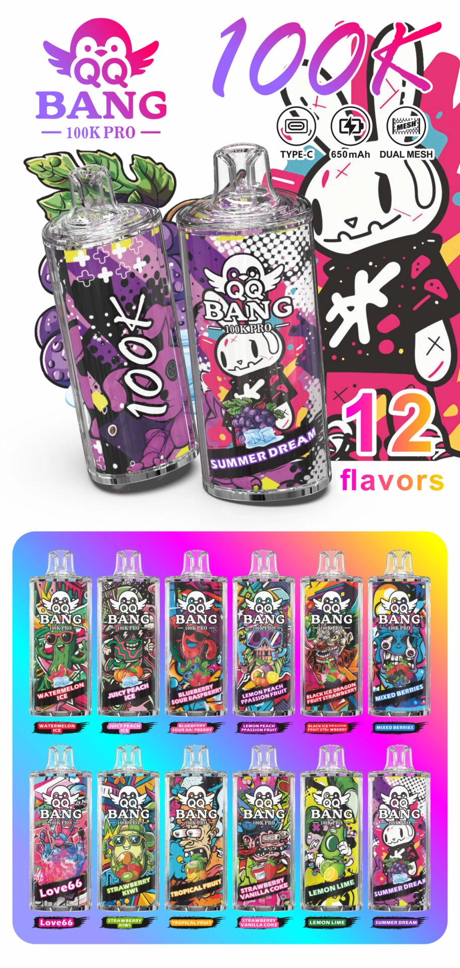 QQ Bang 100K Pro Puffs Disposable Vape branded product collage presenting device and packaging details in the official supplier gallery.