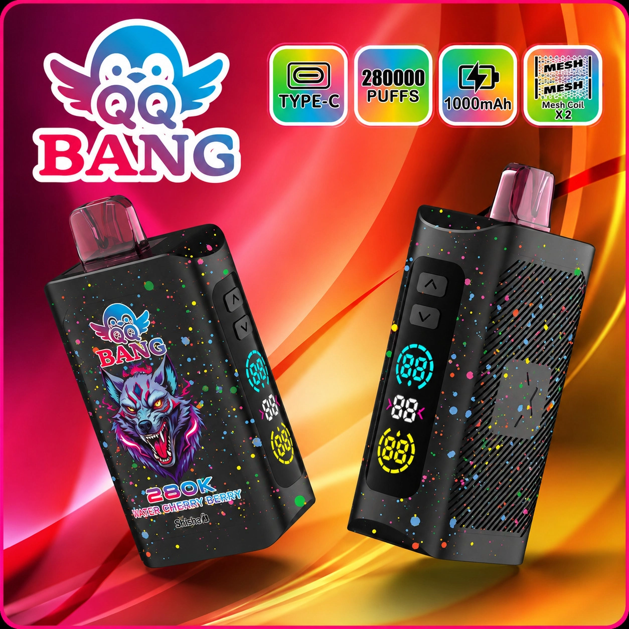 QQ Bang 280K Puffs Disposable Vape device shown in a branded product presentation with the high-puff model name clearly visible.