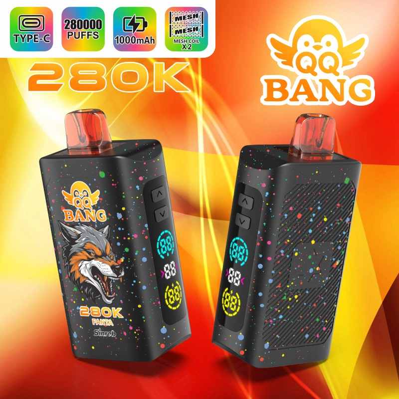 QQ Bang 280K Puffs Disposable Vape device shown beside branded packaging in a clean product presentation for online catalogs.