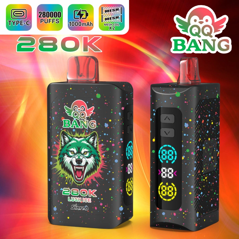 QQ Bang 280K Puffs Disposable Vape device and package design displayed together to show the product's branded retail presentation.