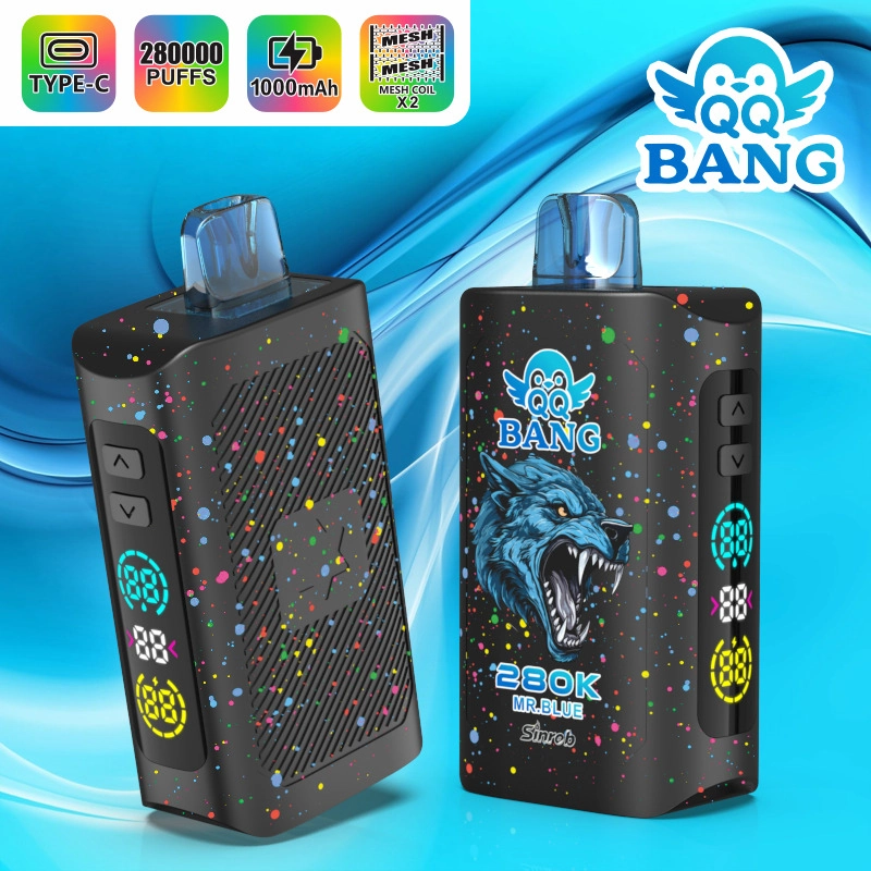 QQ Bang 280K Puffs Disposable Vape device presentation with high-puff branding and a colorful catalog-ready product layout.