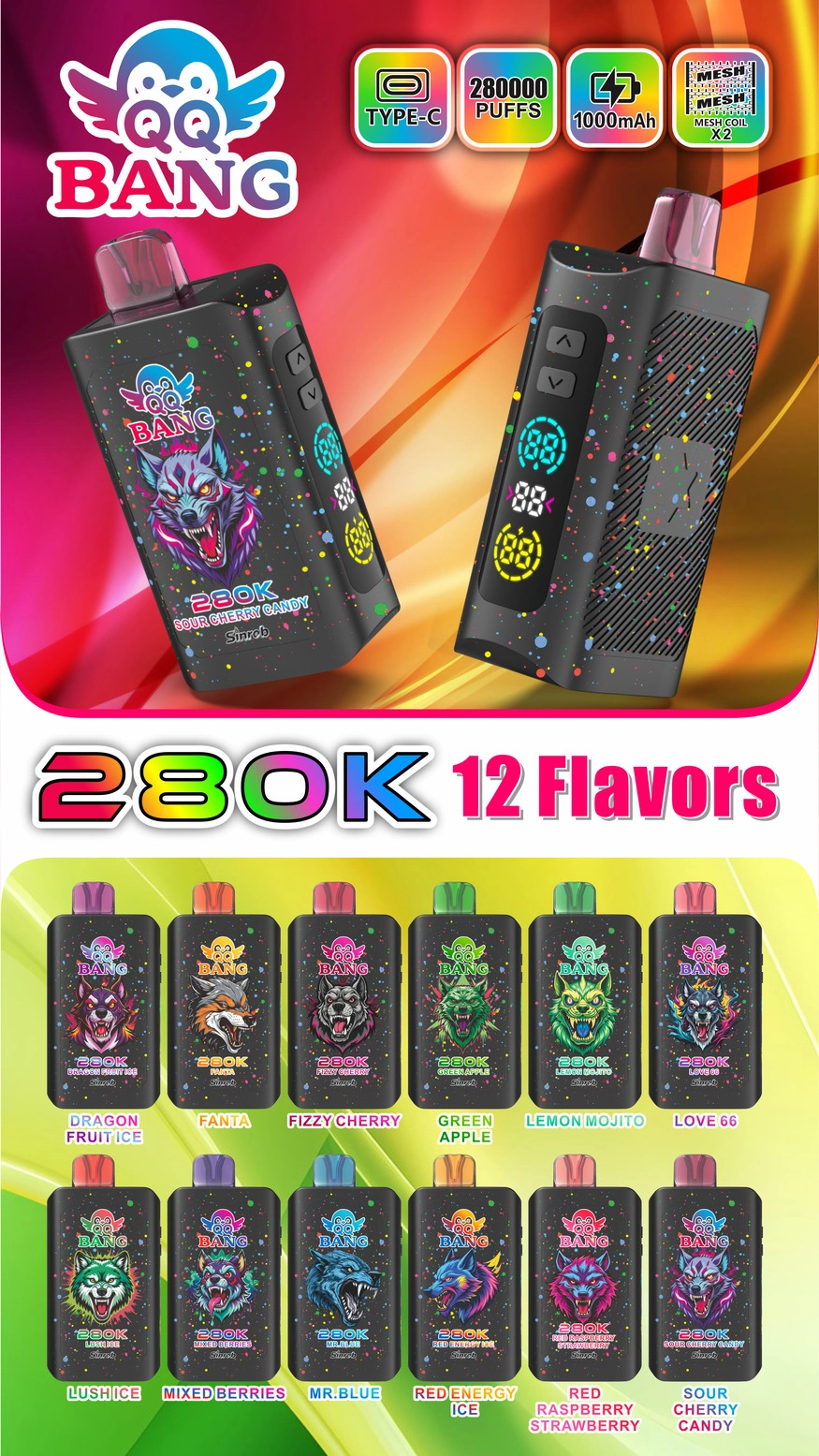 QQ Bang 280K Puffs Disposable Vape product display showing the 280000-puff model and branded packaging for retail catalog use.