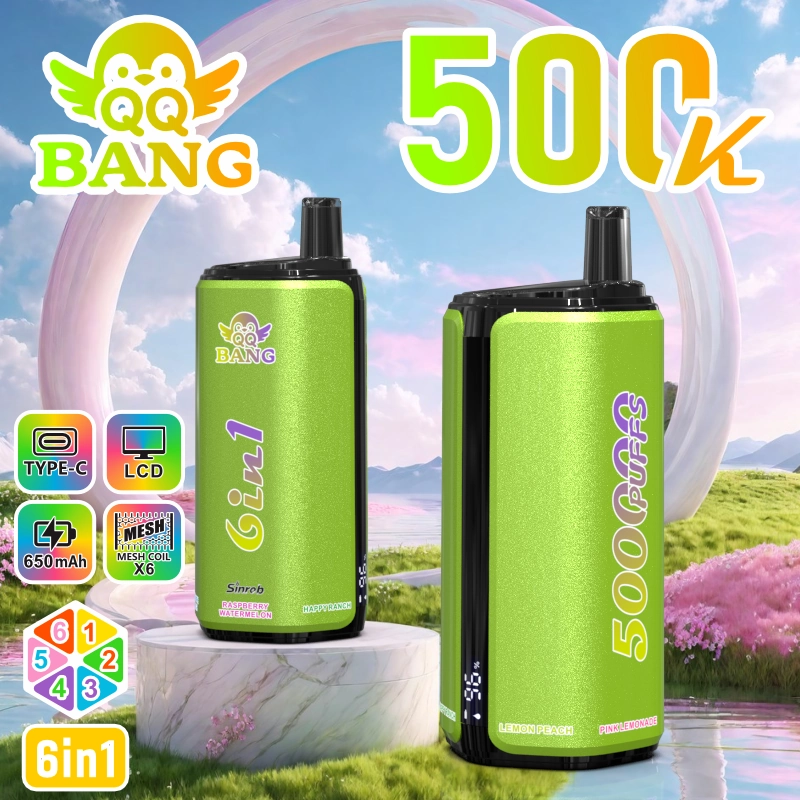 QQ Bang 500K Puffs Disposable Vape device and package design arranged together in a detailed product presentation for online stores.