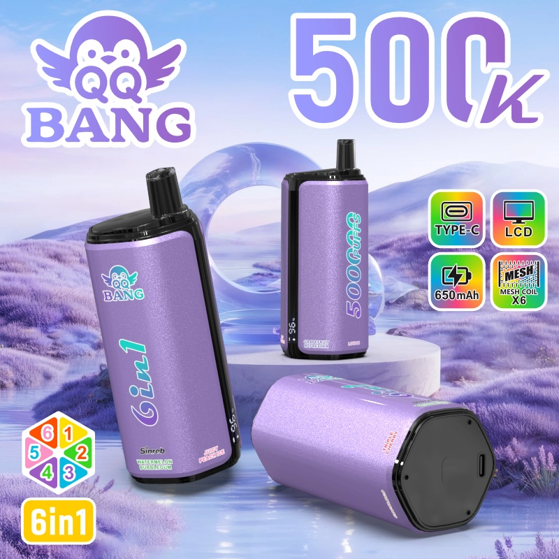 QQ Bang 500K Puffs Disposable Vape device lineup arranged in a bright product display with several branded color presentations.