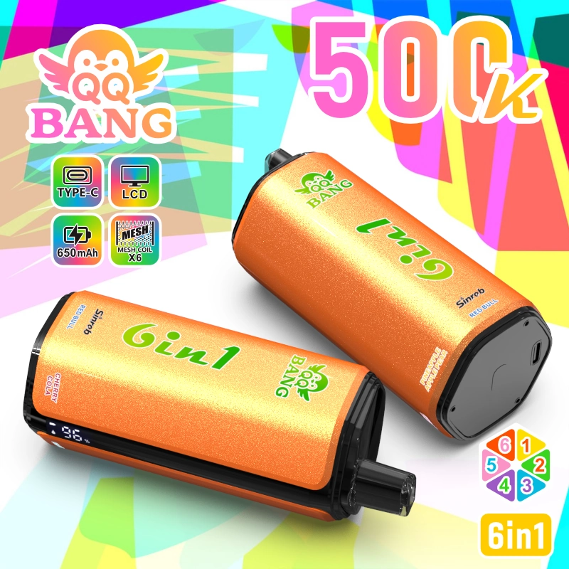 QQ Bang 500K Puffs Disposable Vape high-puff product display showing branded packaging arranged for adult vape shop catalog browsing.