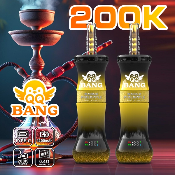 QQ Bang Shisha 200K Puffs Disposable Vape device and package design arranged together in a detailed product presentation for online stores.