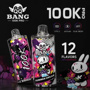QQ Bang 100K Pro Puffs Disposable Vape featured in a branded product display prepared for adult vape retail and wholesale catalog listings.