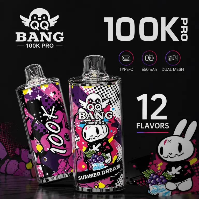 QQ Bang 100K Pro Puffs Disposable Vape featured in a branded product display prepared for adult vape retail and wholesale catalog listings.