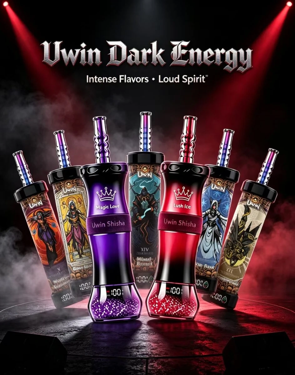 UWIN Shisha 100K Puffs Magic Love disposable vape promotional image with colorful product graphics and branding