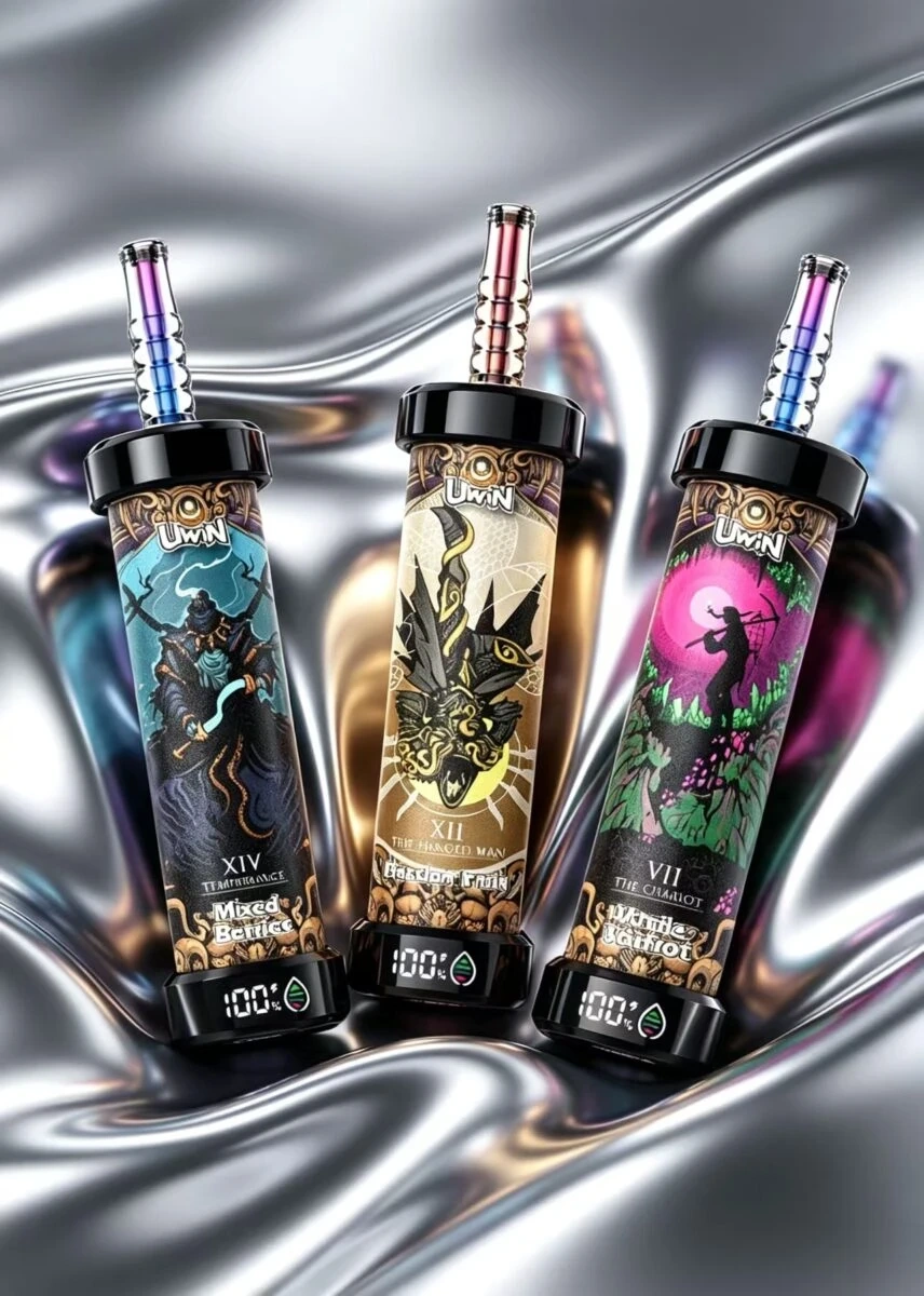 UWIN Shisha 100K Puffs Peach Mango Watermelon flavor device with colorful fruit graphics and branding