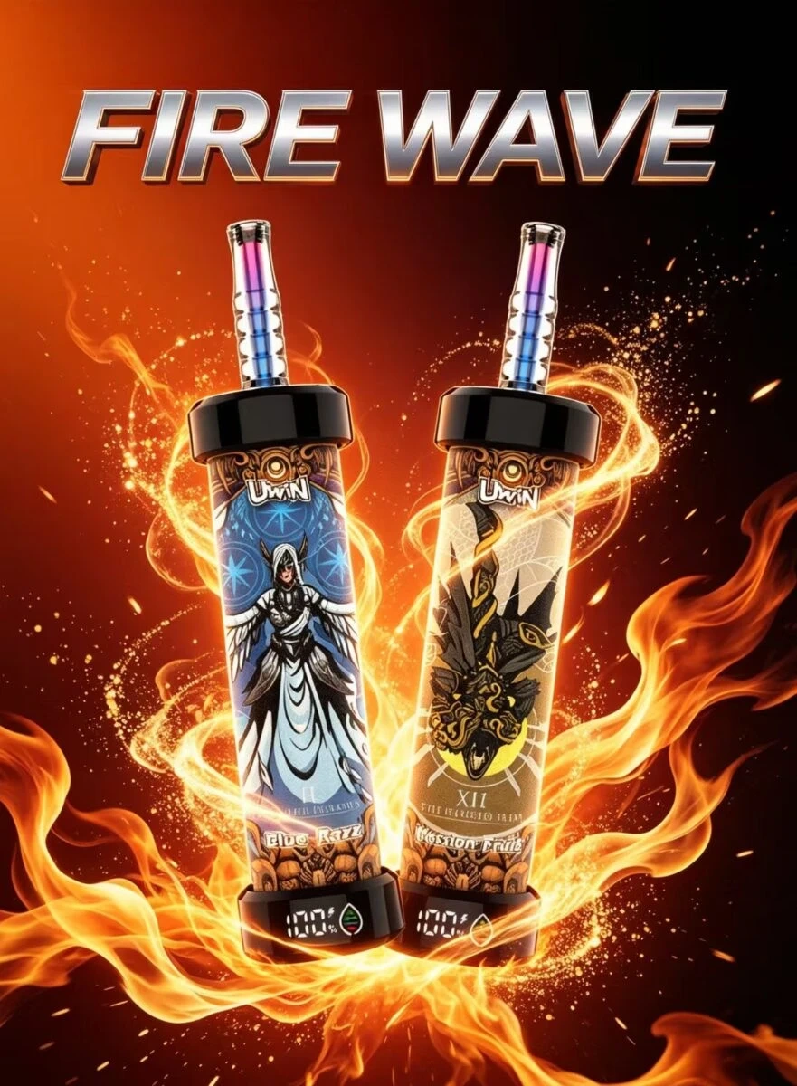 UWIN Shisha 100K Puffs Passion Fruit flavor device with colorful tropical fruit graphics and branding