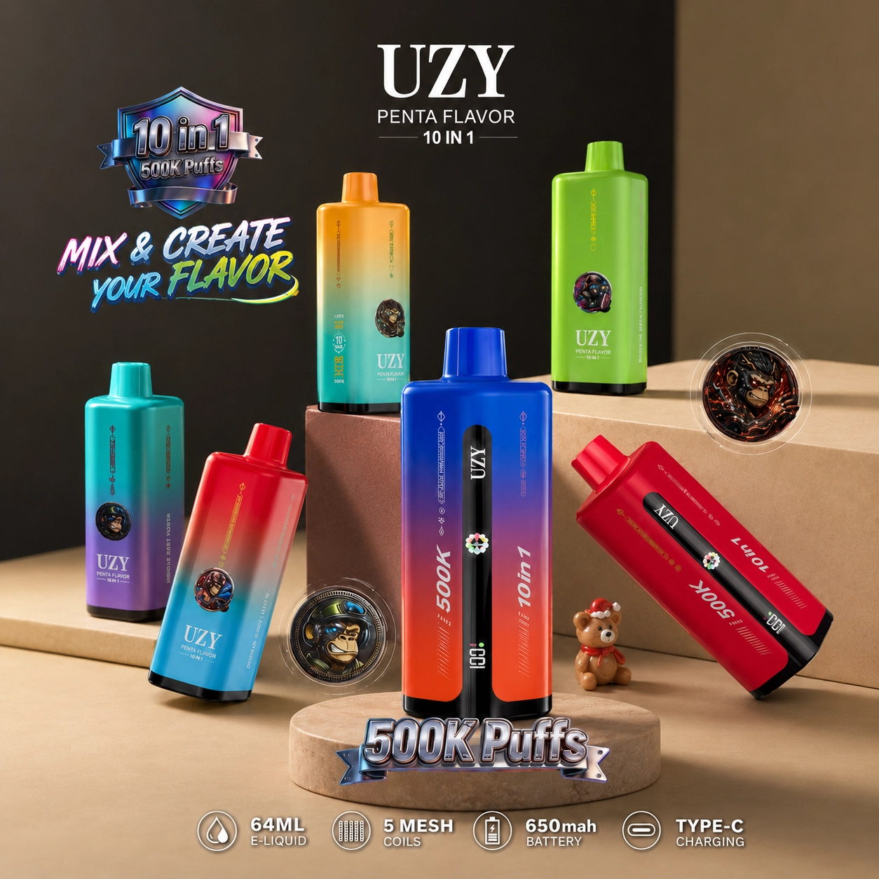 UZY 10-in-1 Flavors 500K Puffs Disposable Vape presented in a branded retail layout with the device and colorful product packaging.