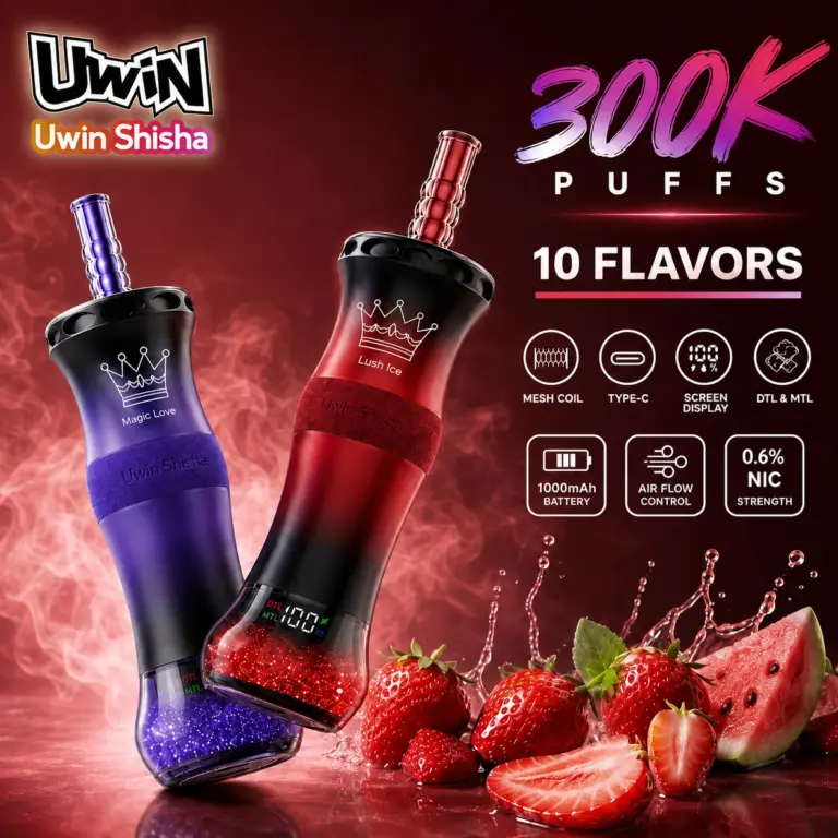 UWIN Shisha 300K Puffs Disposable Vape featured in a branded product display prepared for adult vape retail and wholesale catalog listings.