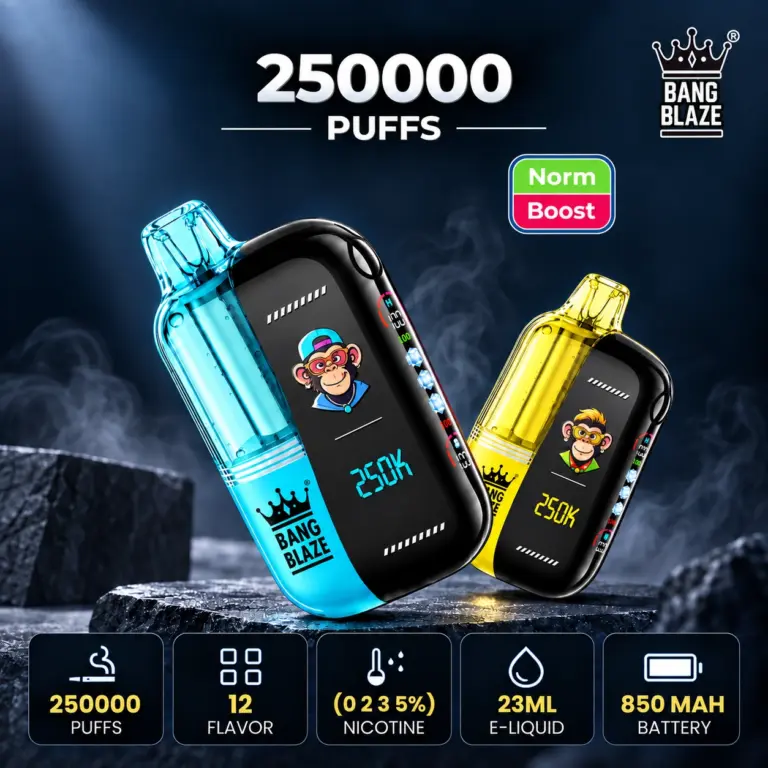 Bang Blaze 250K Puffs disposable vape device in a blue and yellow body with bold branding and a clear product-focused design