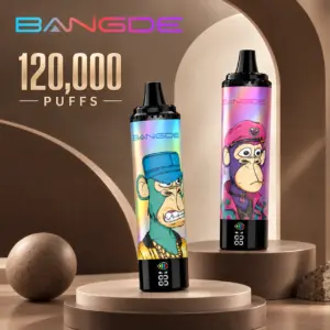 Bang DE 120K Puffs disposable vape in a mocha-colored Tornado-style body with a visible smart screen and dual bottle display