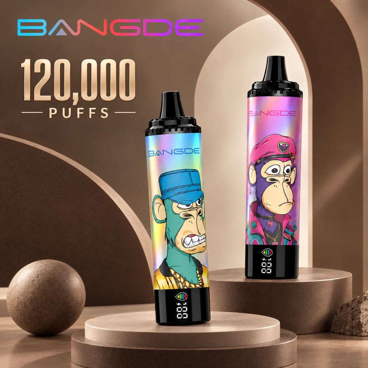 Bang DE 120K Puffs disposable vape in a mocha-colored Tornado-style body with a visible smart screen and dual bottle display