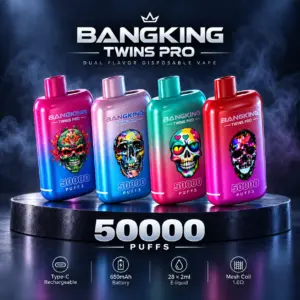 Bang King Twins Pro 50K Puffs disposable vape in a dual-flavor device design with a bright LED display and colorful packaging