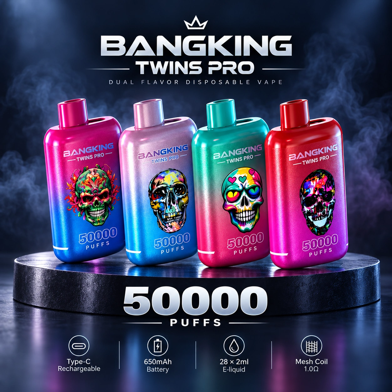 Bang King Twins Pro 50K Puffs disposable vape in a dual-flavor device design with a bright LED display and colorful packaging